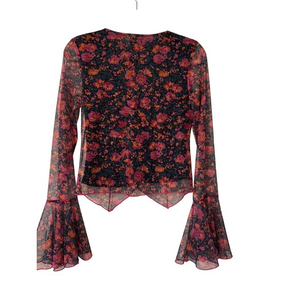 Promesa Fabulous Flowers Floral-Print Mesh Bell-Sleeve Top Sheer V-Neck Tie-Fron - Picture 4 of 16
